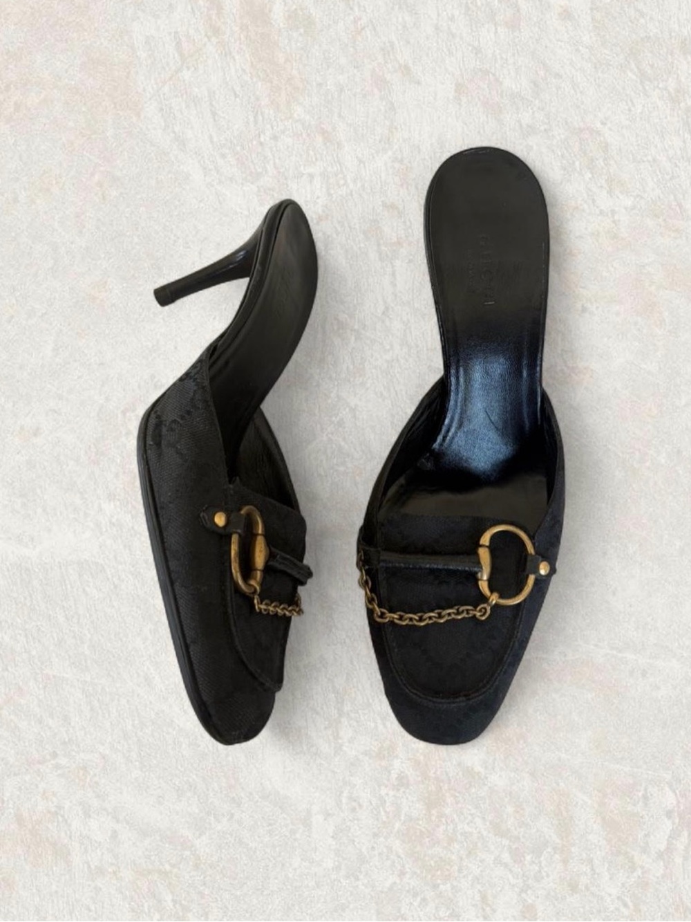 Auth Gucci Tom Ford Black GG Monogram Horsebit Chain Kitten Heel Mules